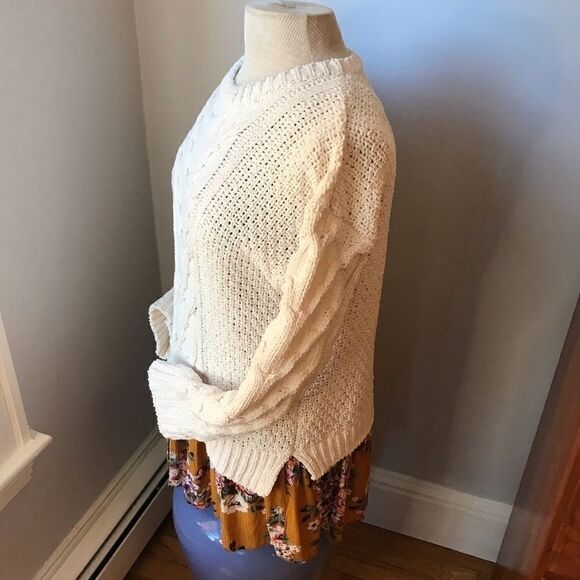 Oddy, S/M, lagenlook Cableknit sweater w/ handkerchief hem. Oatmeal and mustard - Picture 5 of 12